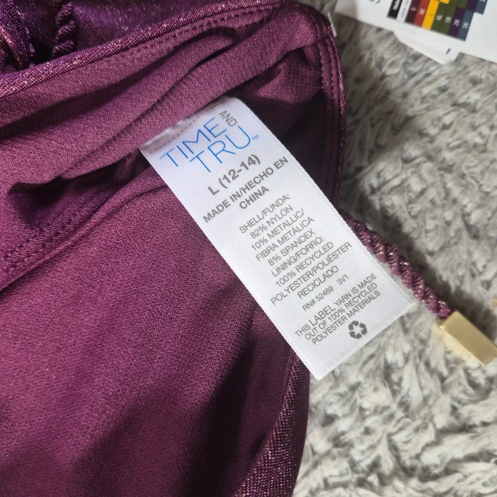 Time and Tru Metallic One Piece Swimsuit TT13100073734 Women L 12-14 Purple Belt